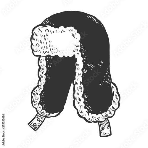 Hat with ear flaps ushanka sketch engraving vector illustration. Scratch board style imitation. Black and white hand drawn image.