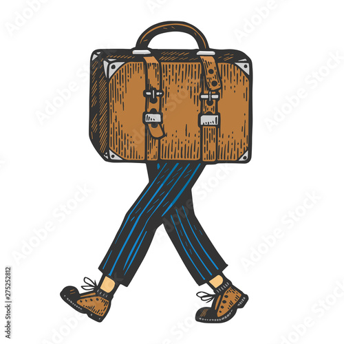 Suitcase bag walks on its feet color sketch engraving vector illustration. Scratch board style imitation. Black and white hand drawn image.