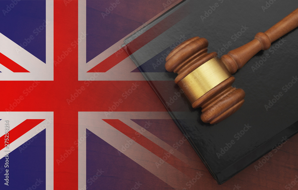 Judge gavel and legal book on wooden table, collage with United Kingdom flag