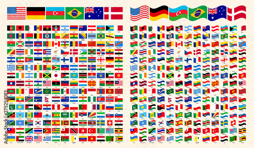 All Flags Of The World. All Around The World Flags with Names Collection, Set, Vector Illustration Simple Modern Flags. Country Symbols Shape. Straight and Wavy World Flags Vector Set. 