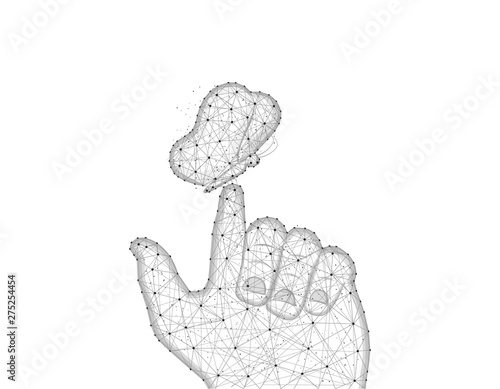 Butterfly on human finger low poly design, moths polygonal style, Entomology wire frame vector illustration on white background