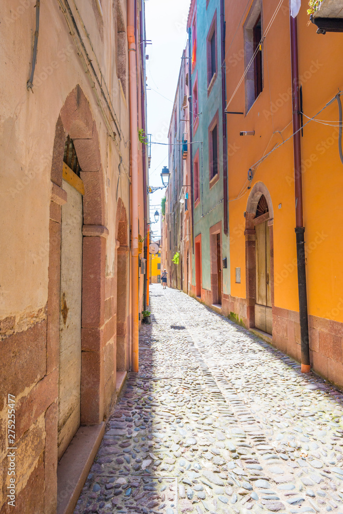 Obraz premium Colorful houses in the alleys of the town of Bosa in Sardinia in sunlight in spring