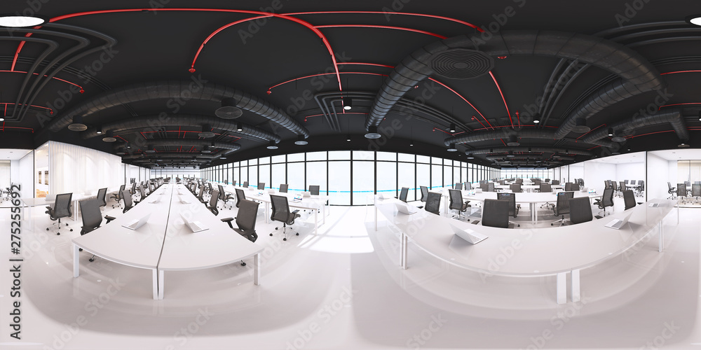 Workplaces in a modern panoramic office,Panorama of office with sea ...