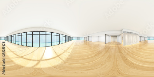Workplaces in a modern panoramic office,Panorama of office with sea view outdoor,Full 360 spherical panorama view of office (3D Rendering).white room interior