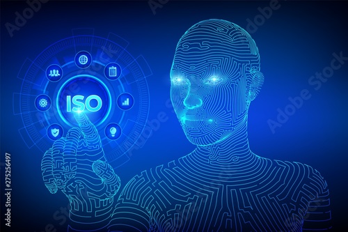 ISO standards quality control assurance warranty business technology concept. ISO standardization certification service concept. Wireframed cyborg hand touching digital interface. Vector illustration.