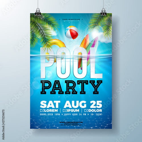 Summer pool party poster design template with palm leaves, water, beach ball and float on blue ocean landscape background. Vector holiday illustration for banner, flyer, invitation, poster.