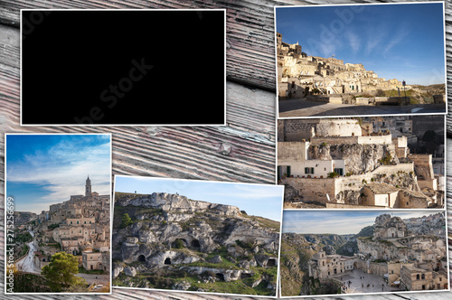 Collage photos of Matera, Italy. Wood background, with 16: 9 rectangle to insert videos, images and text, and empty central space.