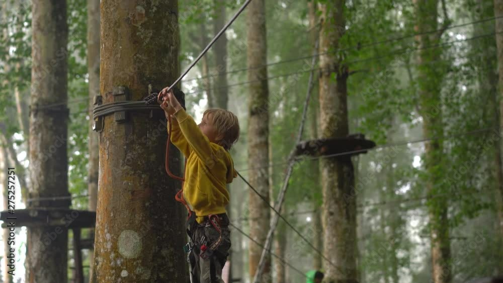 Little boy in a safety harness climbs on a route in treetops in a forest adventure park. He climbs on high rope trail. Outdoor amusement center with climbing activities consisting of zip lines and all Little boy in a safety harness climbs on a route in treetops in a forest adventure park. He climbs on high rope trail. Outdoor amusement center with climbing activities consisting of zip lines and all