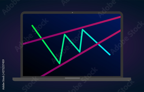 Ascending wedge pattern figure technical analysis. Vector stock and cryptocurrency exchange graph, forex analytics and trading market chart. Rising bearish wedge breakouts flat laptop icon.