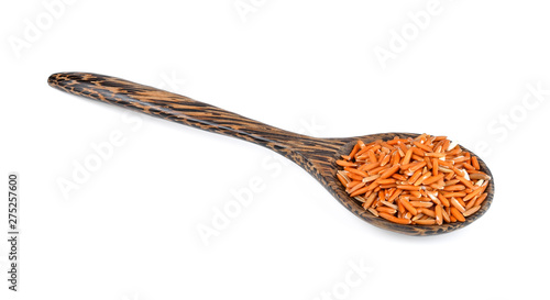 brown rice seed in wood spoon isolated on white background