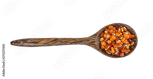 beans seed in wood spoon isolated on white background