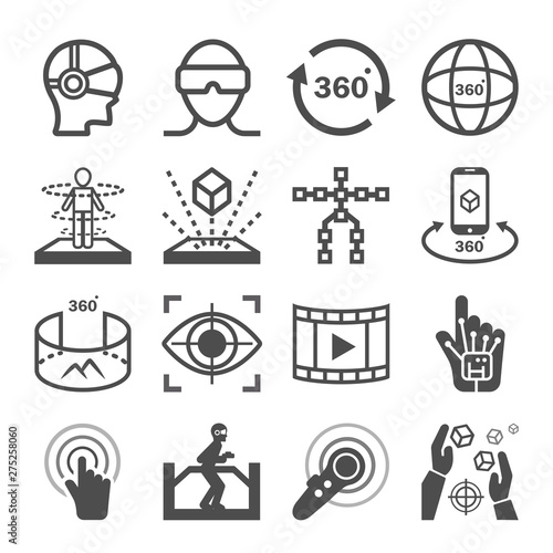 Virtual Reality (VR) gaming Icons. 360 Degree View Image and Video Related Vector icon set