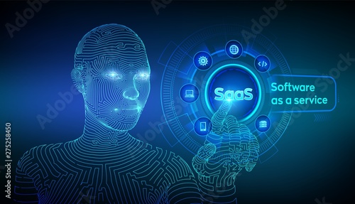 SaaS. Software as a service. Internet and technology concept on virtual screen. SAAS Computing IOT Industry. Wireframed cyborg hand touching digital interface. AI. Vector illustration.