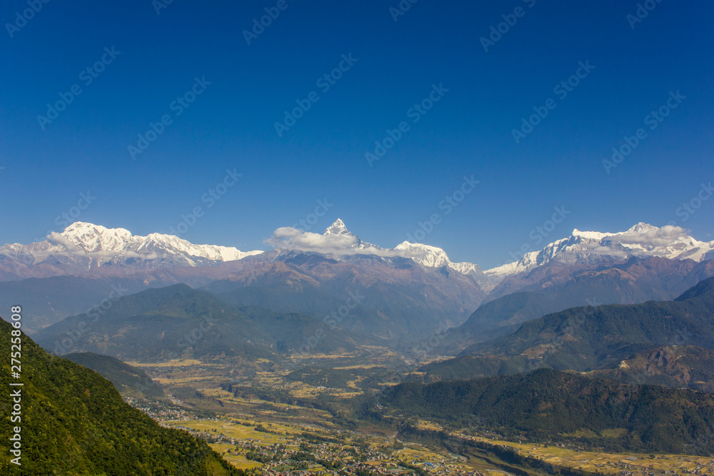 bright green slope of a hill against the backdrop of the city in a mountain valley and the snowy ridge of Annapurna under a clear dark blue sky bright green slope of a hill against the backdrop of the city in a mountain valley and the snowy ridge of Annapurna under a clear dark blue sky