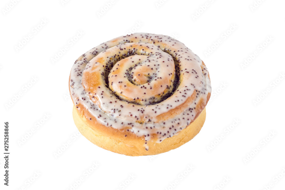 fresh round cinnamon bun with white cream and poppy seeds isolated on white background isolated