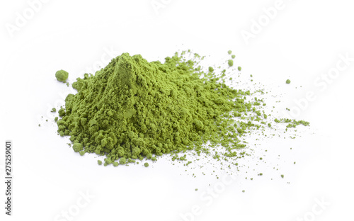 Powdered matcha green tea isolated on white background