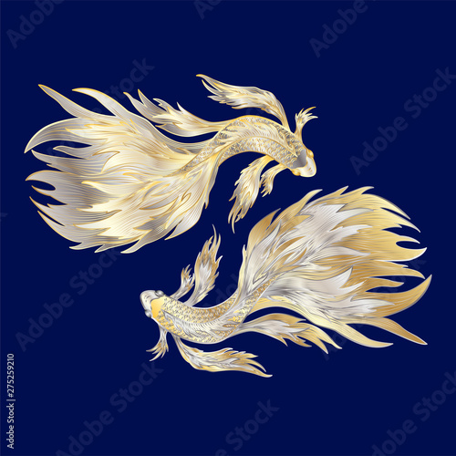 Hand drawn of fish isolated.Gold and silver version. Vector illustration. EPS 10