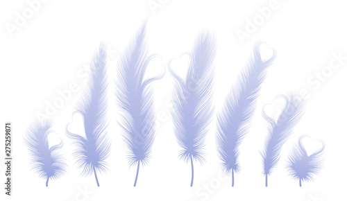 Set of isolated feathers with hearts. Vector illustration. EPS 10