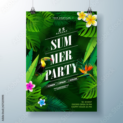 Summer Party Flyer Design with flower, tropical palm leaves and toucan bird on green background. Vector Summer Beach Celebration Design template with nature floral elements, tropical plants and
