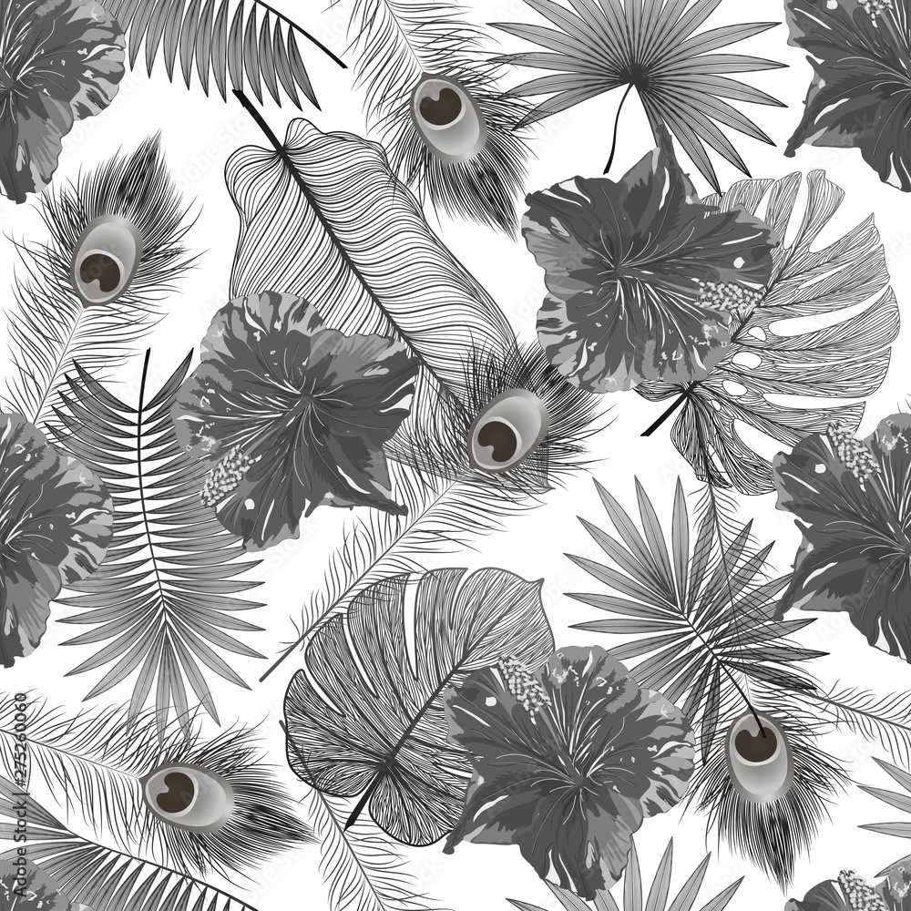 custom made wallpaper toronto digitalBeautiful seamless pattern with tropical leaf, Hibiscus flowers and feathers peacock. Space for text. Vector illustration.