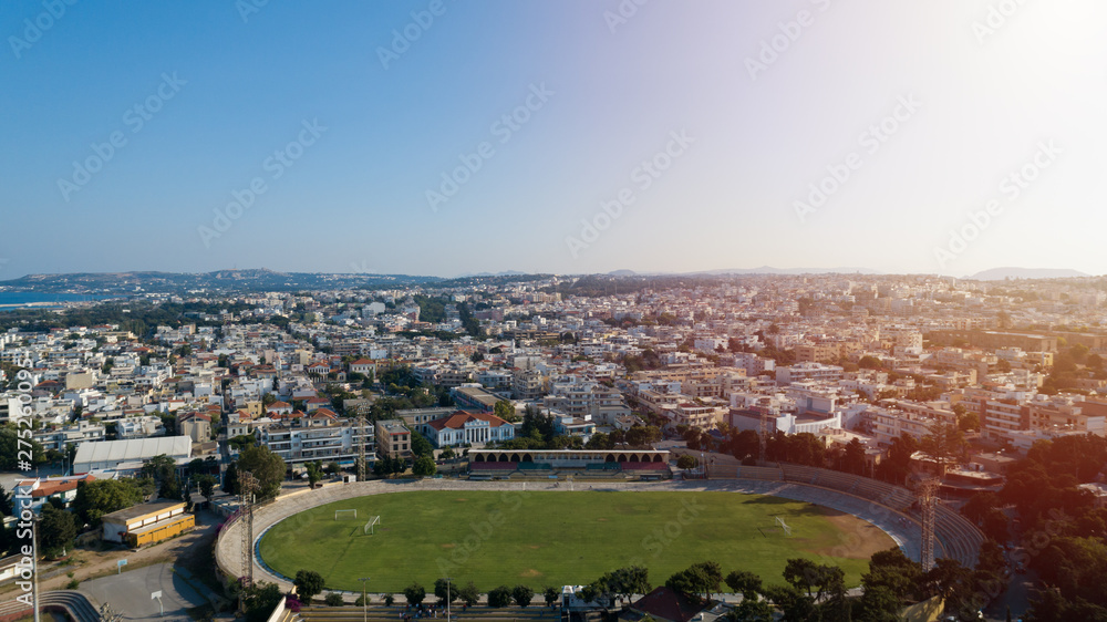 Aerial view of Rhodes island old fortified town, a popular tourist destination, Dodecanese, Aegean, Greece