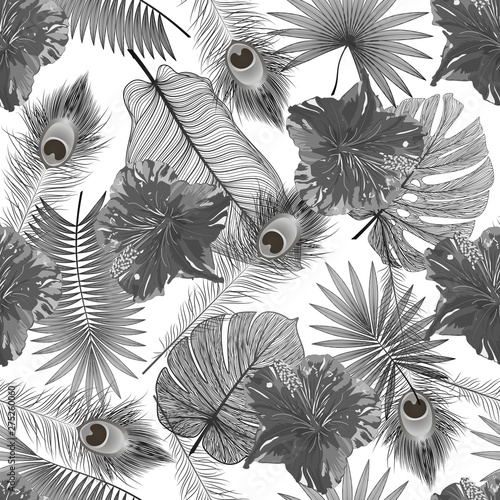 Wallpaper Mural Beautiful seamless pattern with tropical leaf, Hibiscus flowers and feathers peacock. Space for text. Vector illustration. Torontodigital.ca
