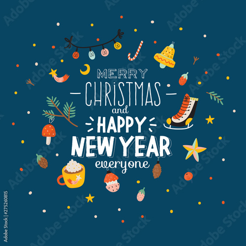 Merry Christmas And Happy New 2020 Year templates with holiday lettering and traditional christmas elements. 