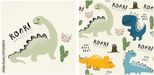 set of cute dinosaur print and seamless pattern with dinosaurs. vector illustration