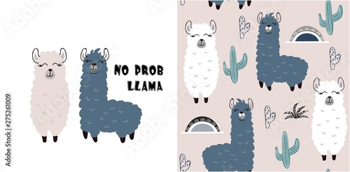 Photo set of cute llama print and seamless pattern with llamas. vector