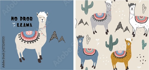set of cute llama print and seamless pattern with llamas. vector