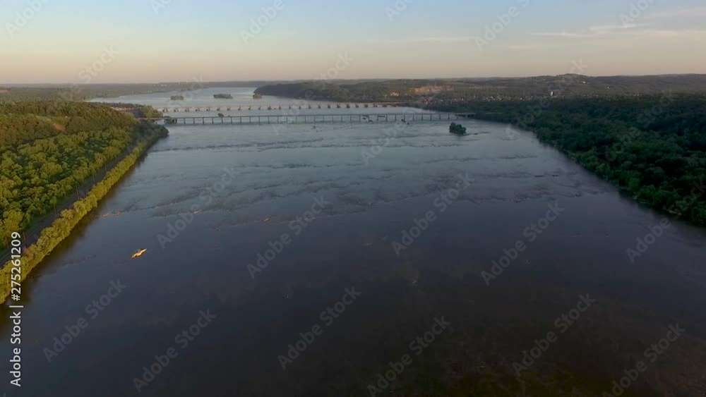 Aerial view of the Susquehanna river with a big long bridge in Columbia Aerial view of the Susquehanna river with a big long bridge in Columbia