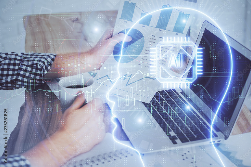 Businessman with computer background with brain theme hologram. Concept of brainstorm. Multi exposure. Businessman with computer background with brain theme hologram. Concept of brainstorm. Multi exposure.