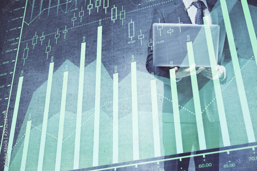 Forex graph with businessman working on laptop on background. Concept of hardworking. Multi exposure. Forex graph with businessman working on laptop on background. Concept of hardworking. Multi exposure.