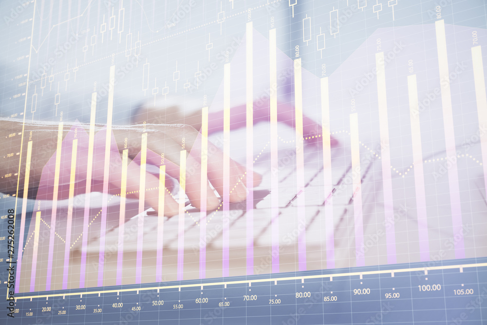 Forex graph with businessman working on computer in office on background. Concept of hardworking. Closeup. Multi exposure. Forex graph with businessman working on computer in office on background. Concept of hardworking. Closeup. Multi exposure.