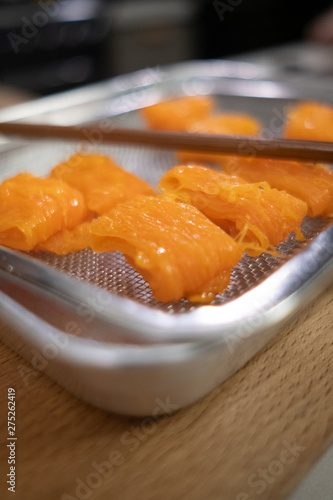 Close up homemade Dessert made from egg yolks or Thai desserts. (Selective focus)