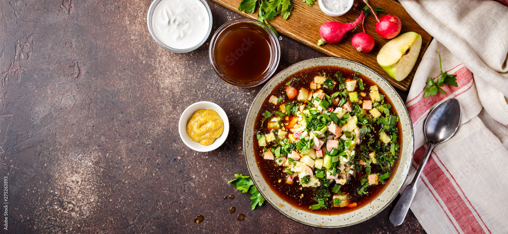 Cold Soup Okroshka with sausage, vegetables and kvass