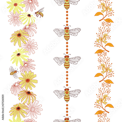 Bees and Flowers Vector vertical Seamless Border Set