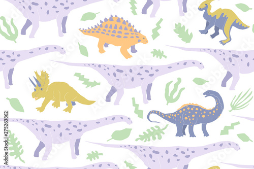 Fototapeta Naklejka Na Ścianę i Meble -  Cute herbivorous dinosaur seamless pattern