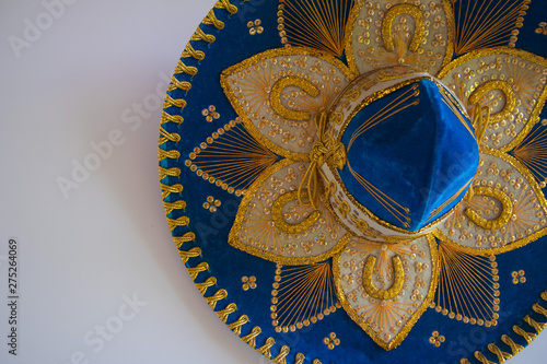 Blue Mexican velvet sombrero, isolated on white