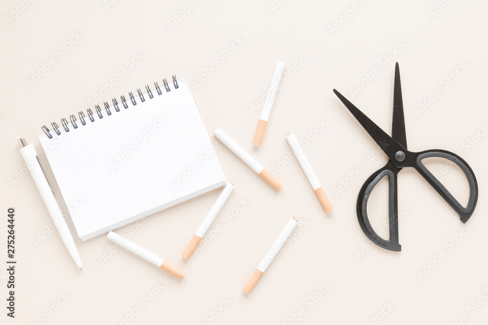 Top view notebook with scissors Top view notebook with scissors