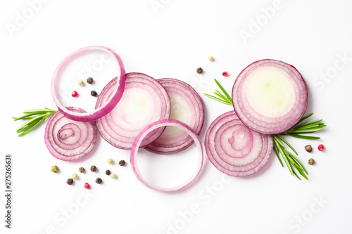 Fototapeta Naklejka Na Ścianę i Meble -  Flat lay composition with red onion rings and spices on white background
