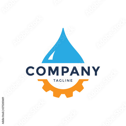 Water drop with gears cogs. Vector logo design template. Abstract concept for ecology theme, green eco energy