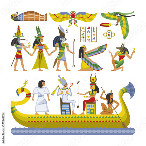 Egyptian vector pharaoh character ancient man woman god ra anubis statue on boat of Egypt culture historical illustration set of historic african archeology collection isolated on white background