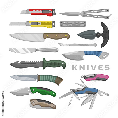 Knife vector penknife steel tool metal blade cutting equipment illustration set of pocket-knife metallic chopping-knife cutter sharp knifepoint weapon utensil design isolated on white background