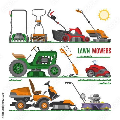 Lawn mower vector gardening lawnmower equipment mowing cutter tool illustration set of mower-engine machine grass-cutter tractor garden trimmer isolated on white background