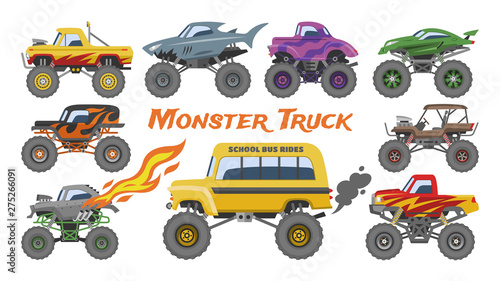 Monster truck vector cartoon vehicle or car and extreme show transport illustration set of heavy monstertruck with large wheels isolated on white background