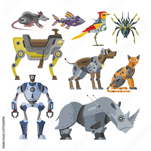 Robots vector cartoon robotic kids toy animal character cat dog robotics monster transformer cyborg transform robotically illustration set of animalistic machine isolated in white background
