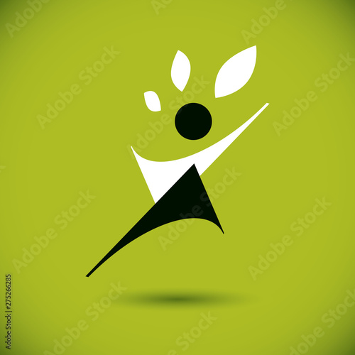 Vector illustration of happy abstract individual with raised hands up. Go green idea creative logo. Healthy lifestyle metaphor. Vegetarian theme icon.