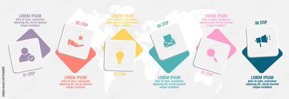 Vector Infographics flat template with six rectangles rounded corners. Used 6 options for diagram, graph, business concept, content, flowchart, timeline, workflow, marketing, step by step Vector Infographics flat template with six rectangles rounded corners. Used 6 options for diagram, graph, business concept, content, flowchart, timeline, workflow, marketing, step by step