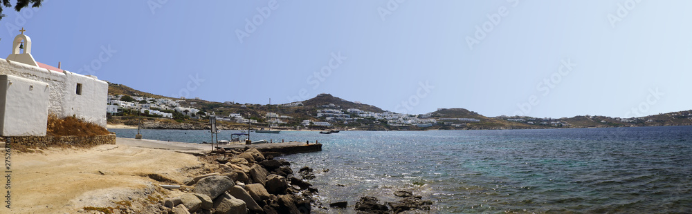beautiful sunny bay of Saint Ioannis Chapel (Agios Ioannis) on the peninsula of Diakoftis in Mykonos (Greece), island of Cyclades, in the heart of the Aegean Sea, 